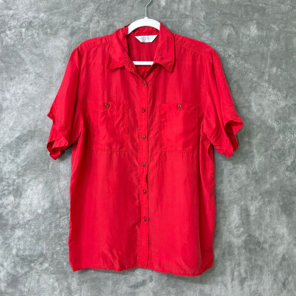 Vintage 100% Silk Button Up Blouse M Red Short Sleeve Collared 90s